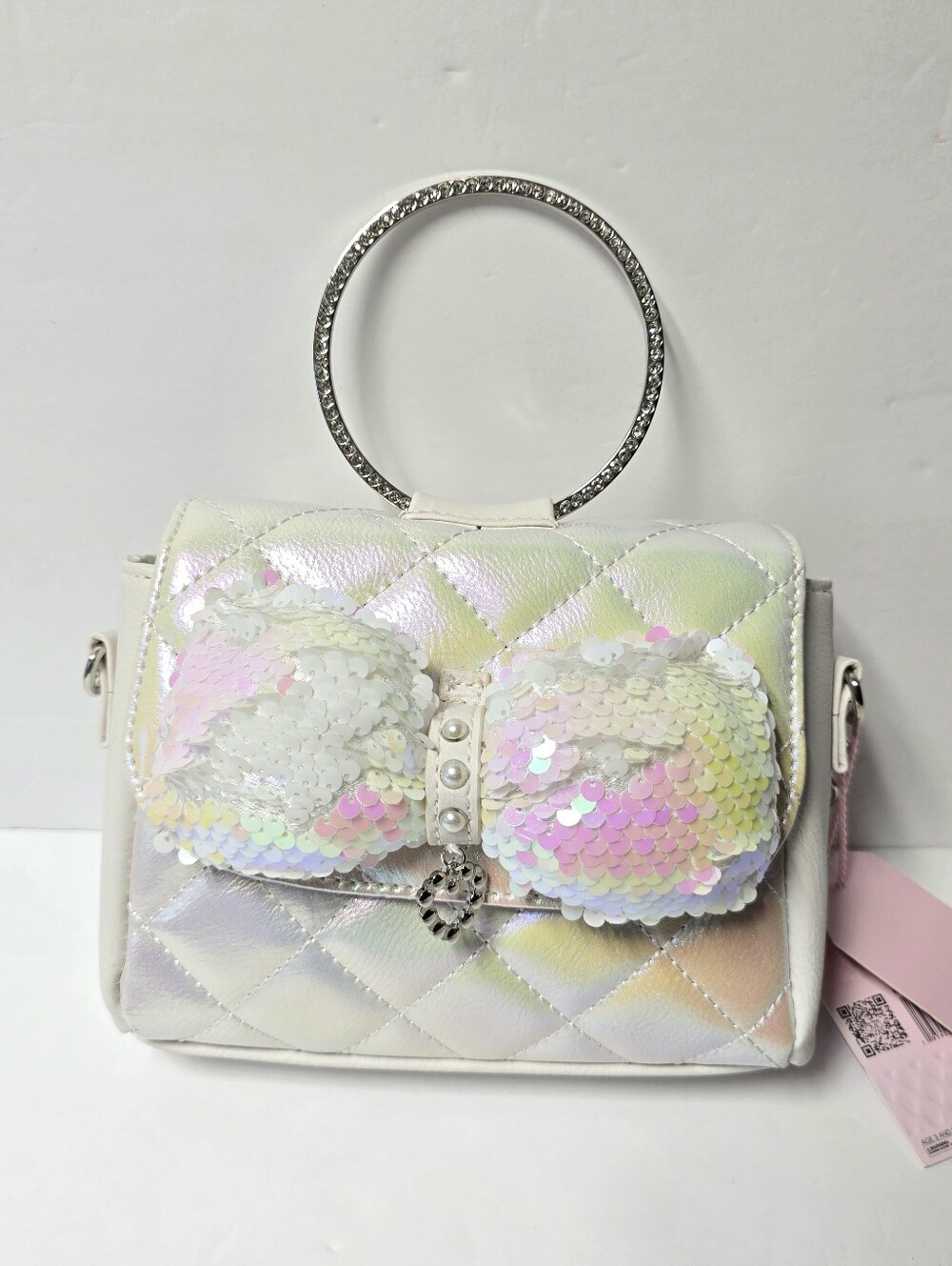 NWT OMG Accessories White Pearlescent Sequin Bow Bling Ring Handle Crossbod Bag - Picture 3 of 13